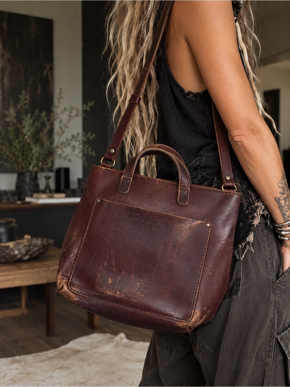 Portland Leather Goods Brown Leather Convertible Tote Crossbody Bag Distressed
